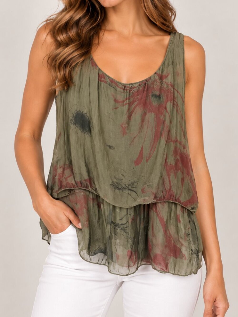 H Trend olive sleeveless florla overlay SILK boat neck tank top size S (165)